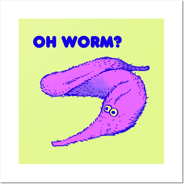 cute fuzzy purple worm on a string / oh worm meme text Wall Art by mudwizard